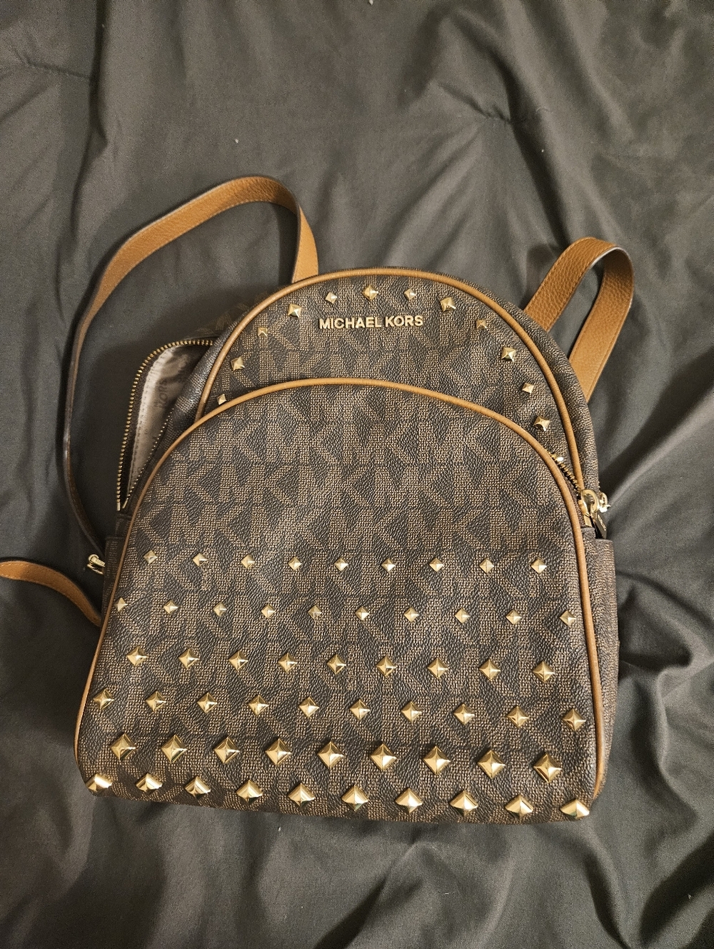 Michael Kors Brown Logo Mini Backpack with Gold Studs With Matching Wallet